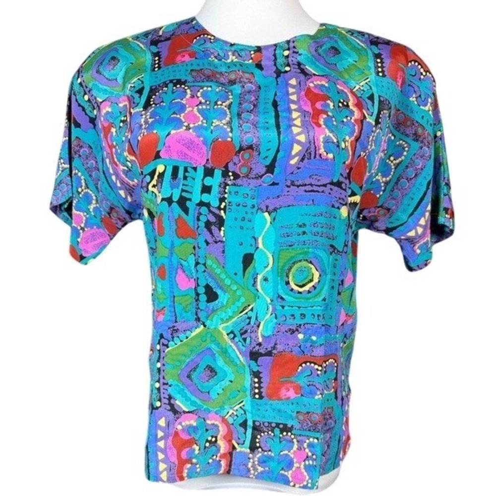Le Caviar Womens VTG Style‎ Abstract Geometric Short Sleeve Blouse Multicolor S
